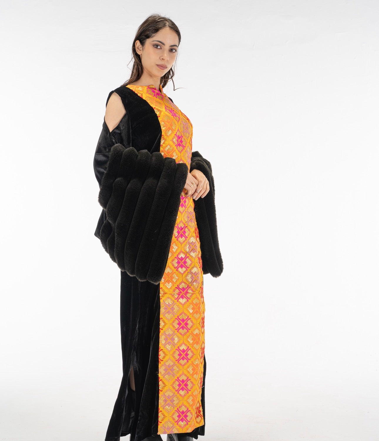 Black fur sleeves abaya dress