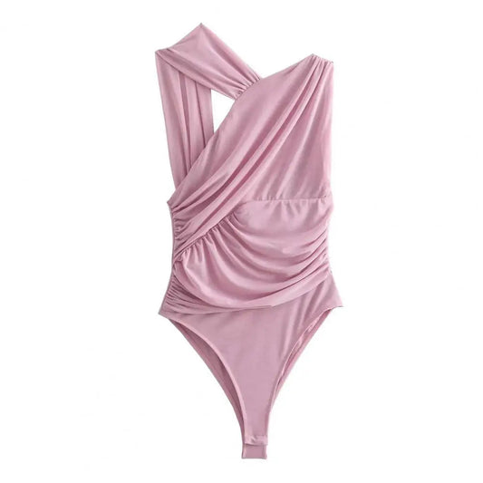 Asymmetrical Ruched One-shoulder Pink Swimsuit
