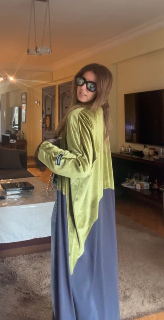 Olive velvet with grey and dantell sleeves