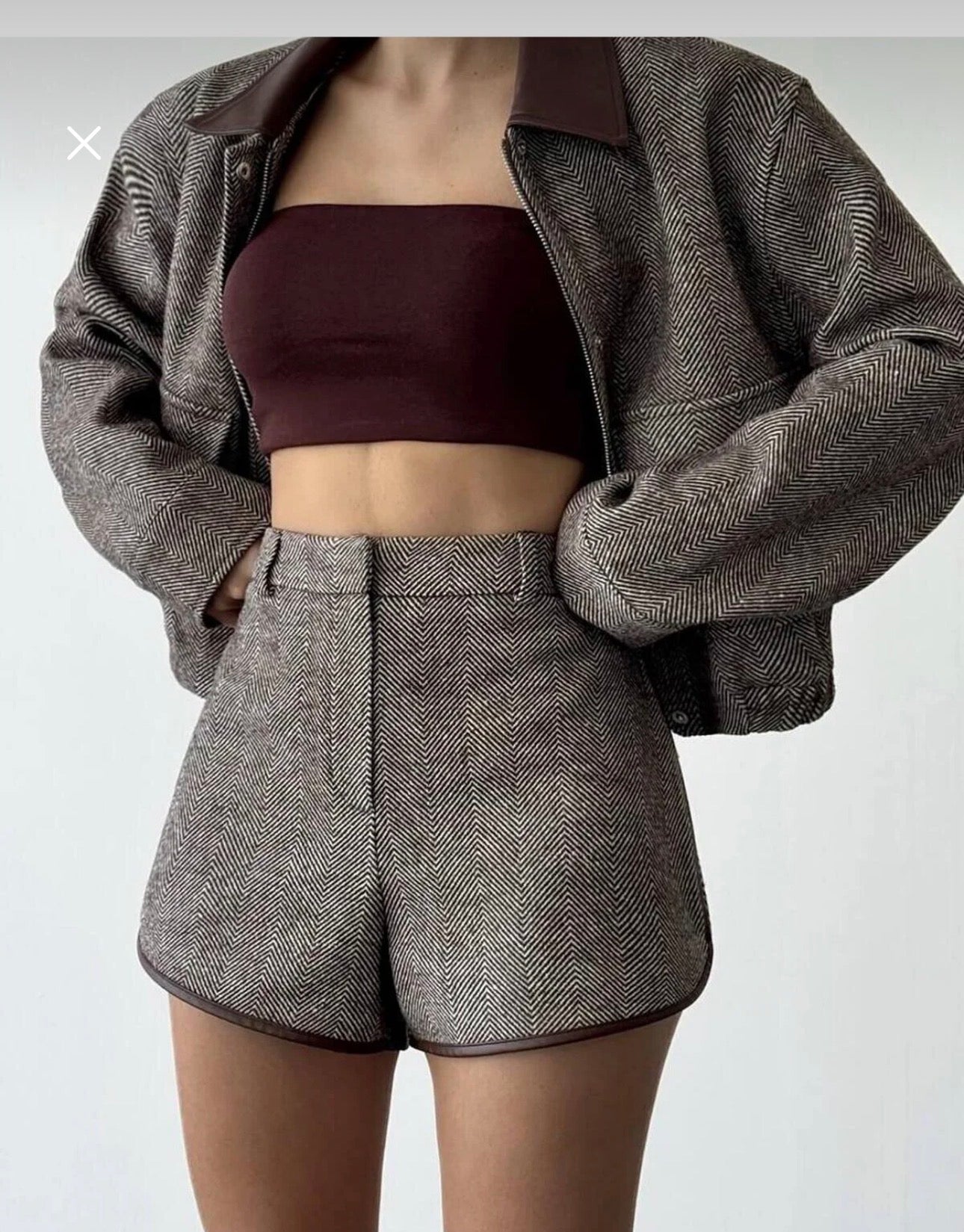 Leather Collar Bomber Jacket Mini
Shorts Set