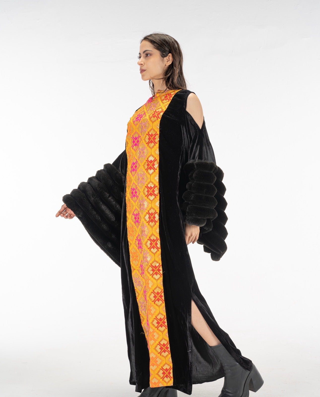 Black fur sleeves abaya dress