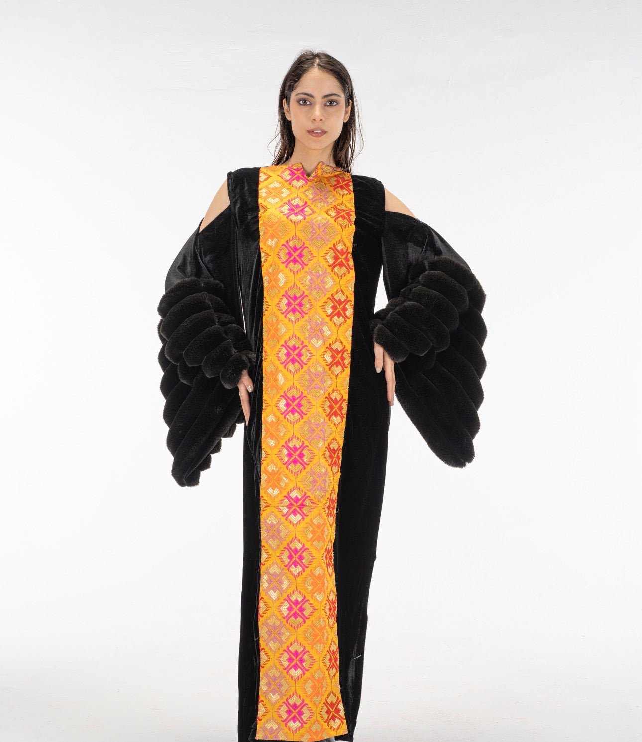 Black fur sleeves abaya dress
