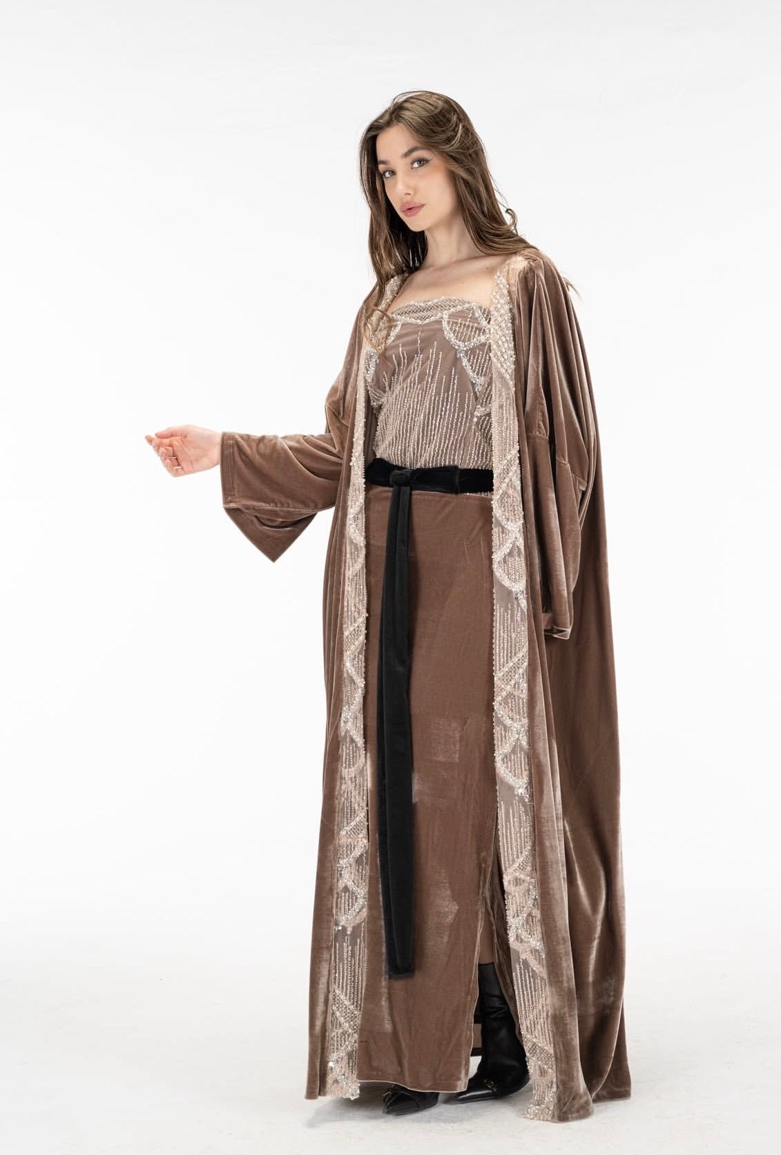 Nude cashmere dress with kuftan