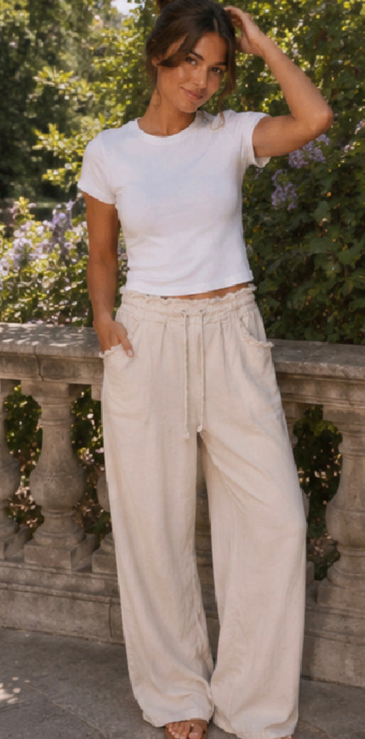 Linen beige wide low waist pant