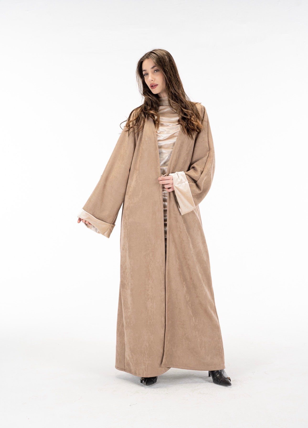 Suede kuftan with drapes velvet dress