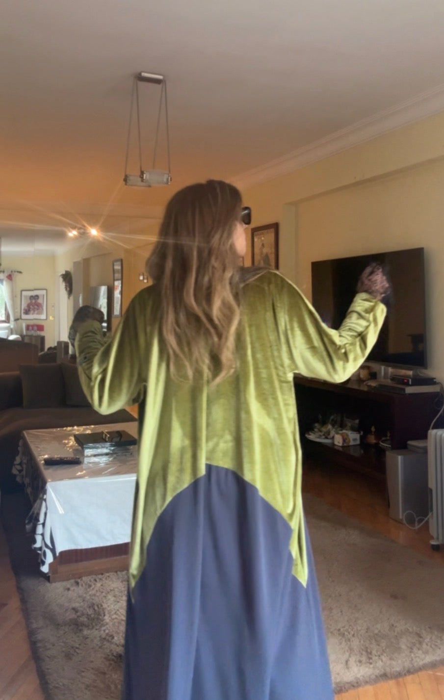 Olive velvet with grey and dantell sleeves