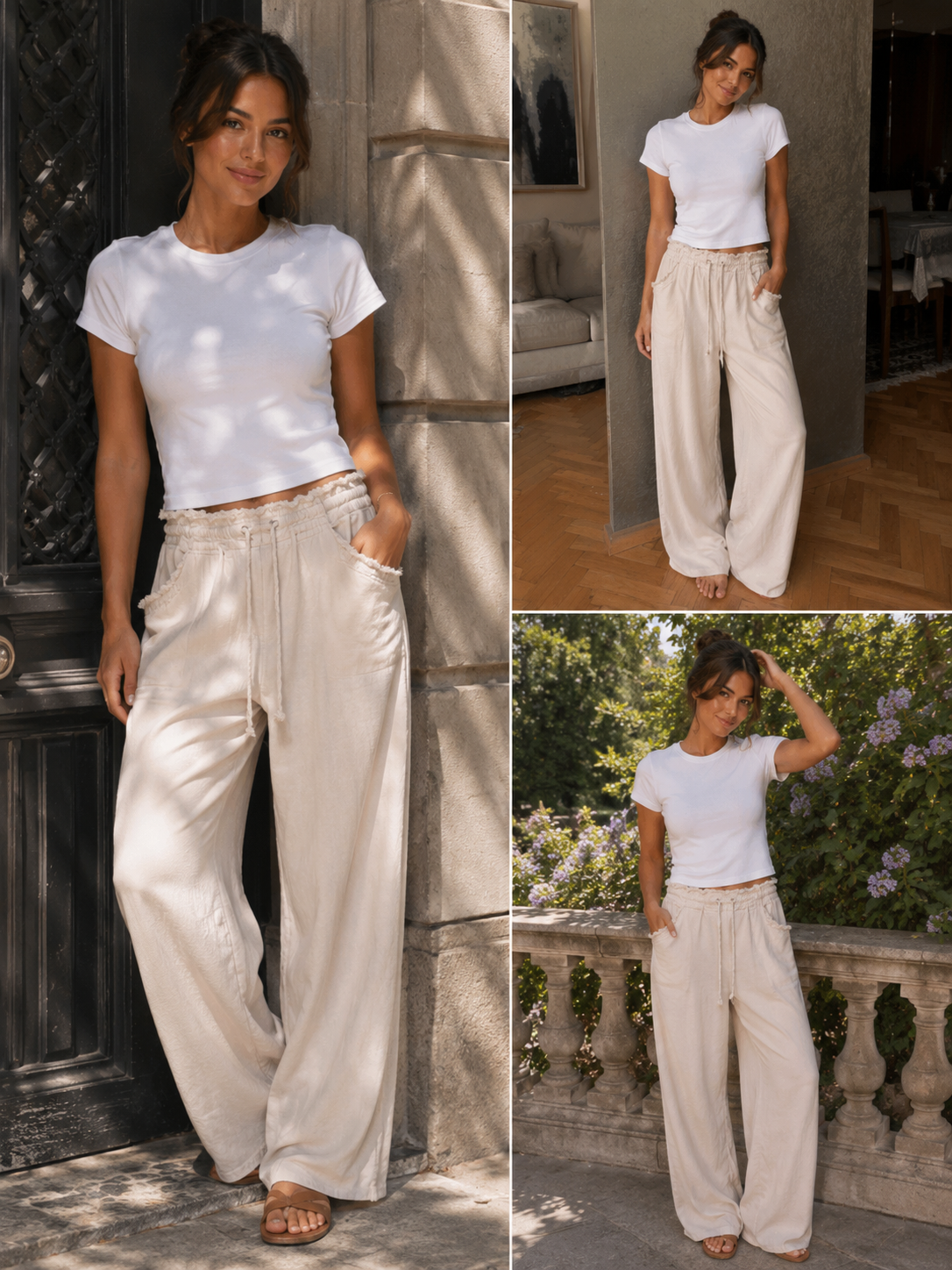 Linen beige wide low waist pant