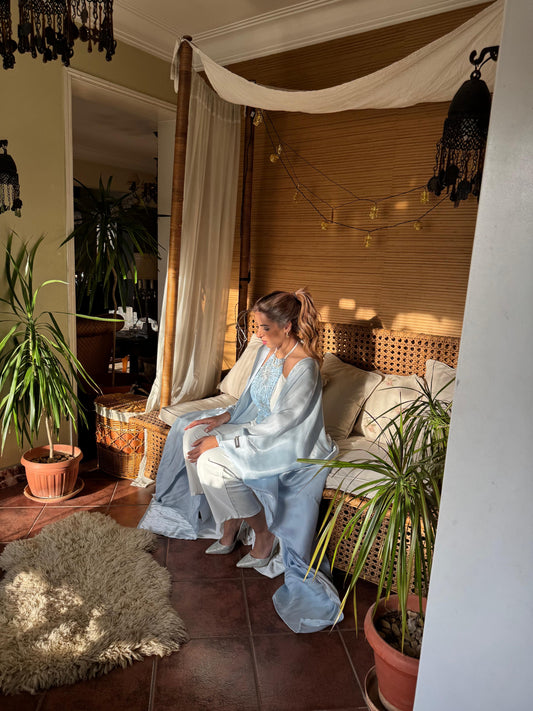 Light blue kaftan with white romper