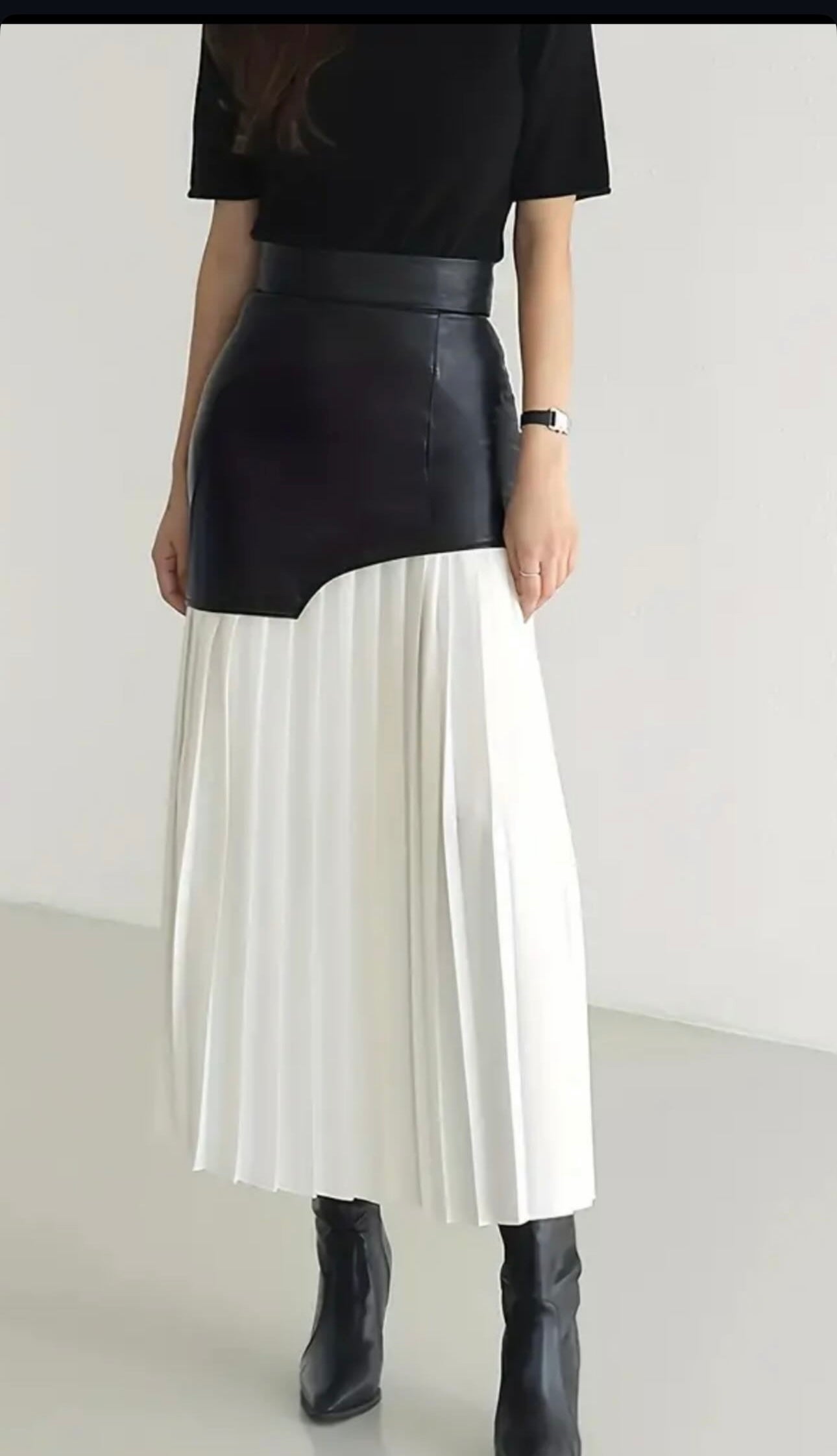 Black leather with white midi skirt